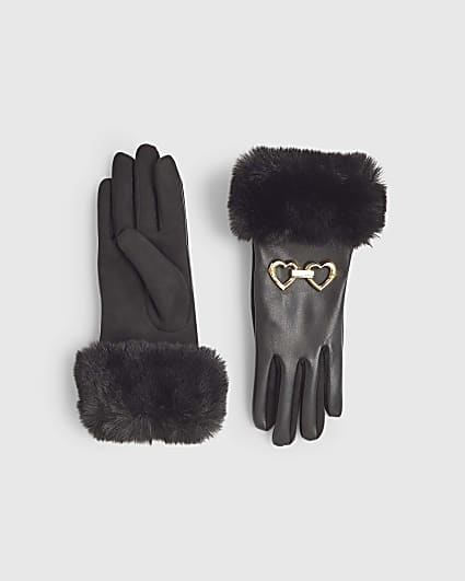 Girls Black Faux Leather Gloves