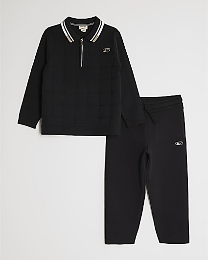 Mini Boys Black Textured Check Polo Shirt Set
