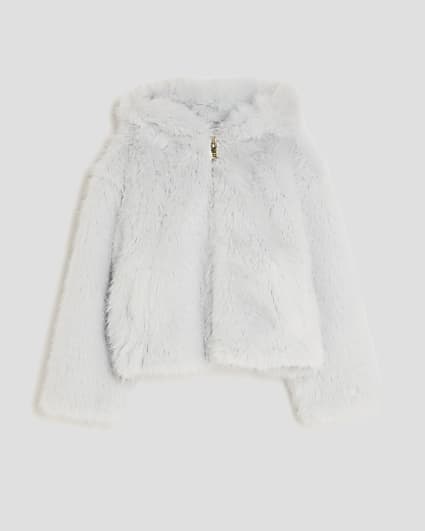 Girls Cream Faux Fur Bomber Jacket