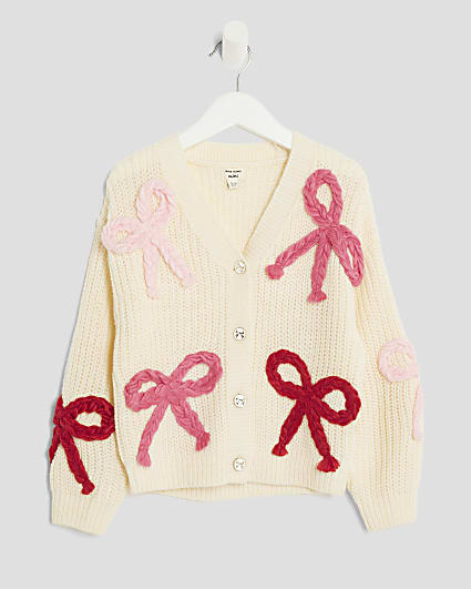 Mini Girls Cream 3D Bow Cardigan