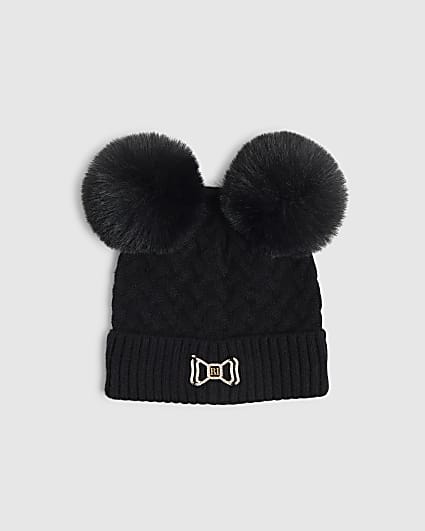 Mini Girls Black Double Pom Beanie