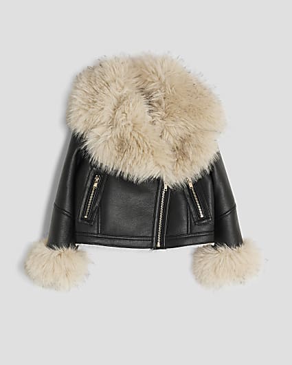 Girls Black Faux Fur Biker Jacket