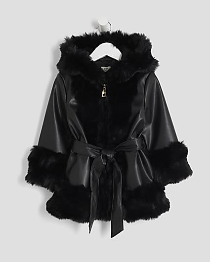 Mini Girls Black Faux Fur Wrap Hooded Coat