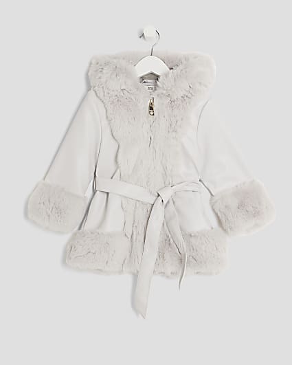 Mini Girls Grey Faux Fur Wrap Hooded Coat