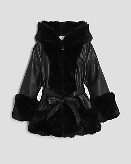 Girls Black Faux Fur Wrap Hooded Coat