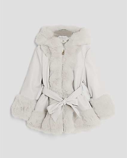 Girls Grey Faux Fur Wrap Hooded Coat