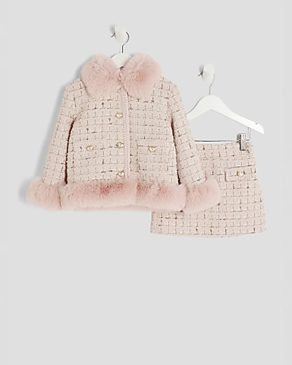 Mini Girls Pink Faux Fur Boucle Jacket Set