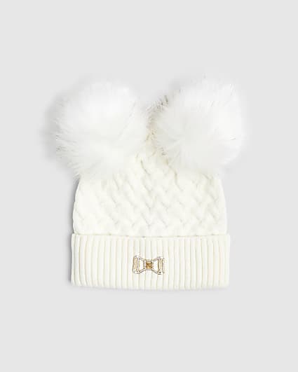 Girls Cream Double Pom Beanie