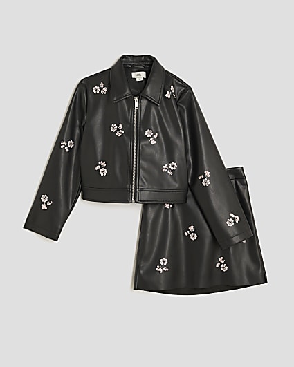 Girls Black Floral Skirt And Jacket Set