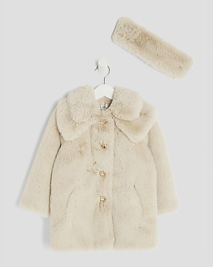 Mini Girls Cream Faux Fur Coat With Headband