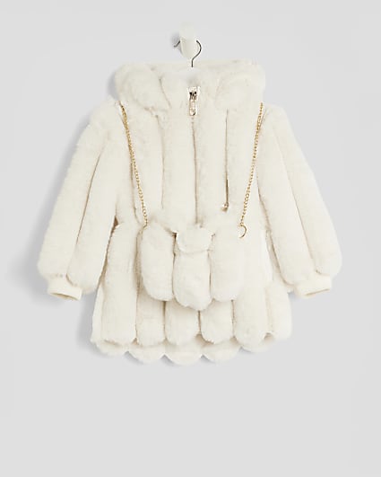 Mini Girls Beige Faux Fur Coat With Bag