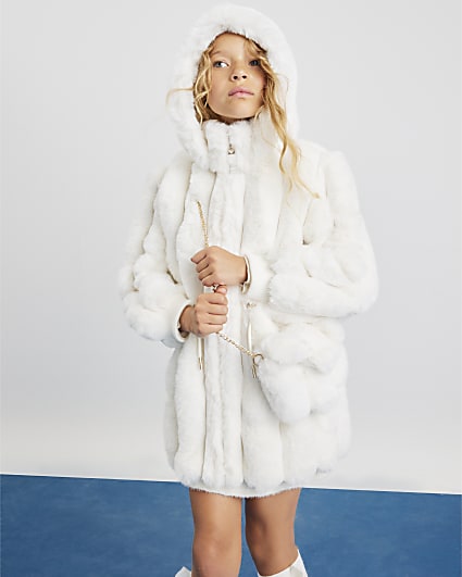 Girls Beige Light Fur Coat & Bag Set