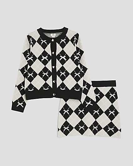 Girls Black Argyle Print Bow Cardigan Set