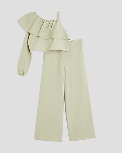 Girls Khaki Ruffle Top And Trousers Set