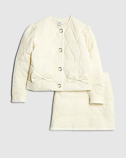 Girls White Quilted Jacket And Skirt Set