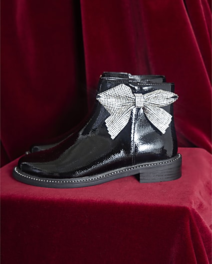 Girls Black Diamante Bow Boots