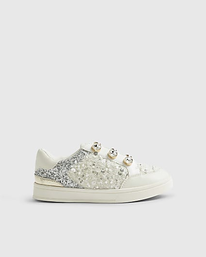 Girls White Boucle Gem Eyelet Trainers