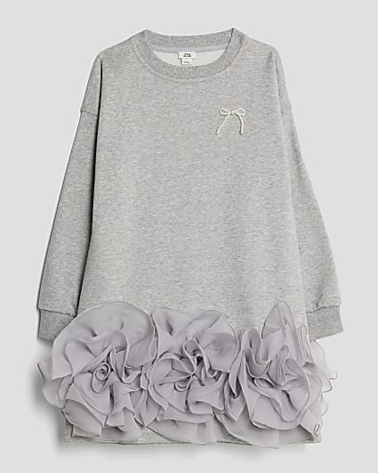 Girls Grey Rosette Hem Sweatshirt Dress