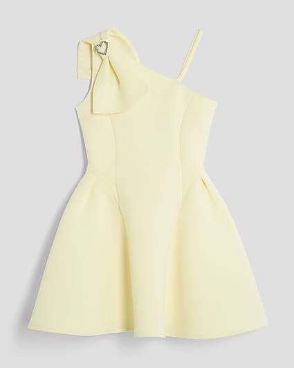 Girls Yellow One Shoulder Bow Skater Dress