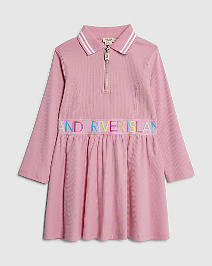 Mini Girls Pink RI Waistband Ribbed Dress