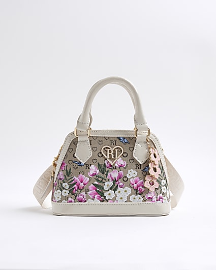 Girls Morgan Brown Floral Monogram Tote Bag