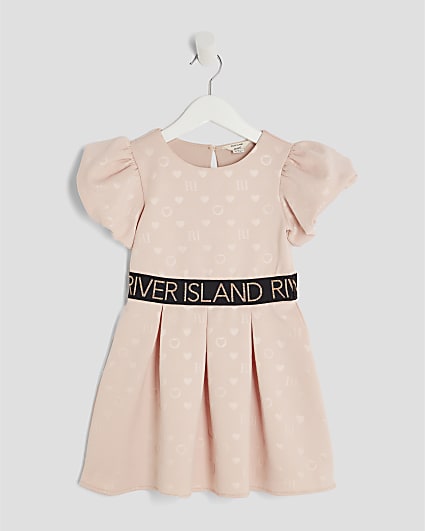 Mini Girls Beige Embossed RI Monogram Dress