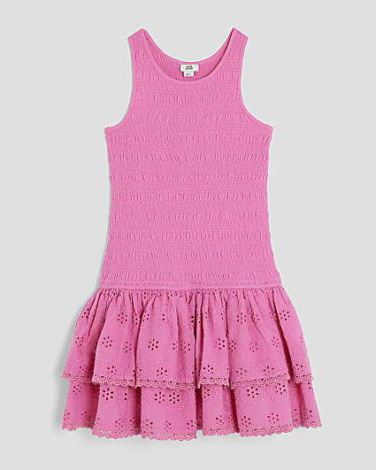 Girls Pink Shirred Broderie Rara Dress