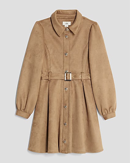 Girls Brown Faux suede Skater Shirt Dress