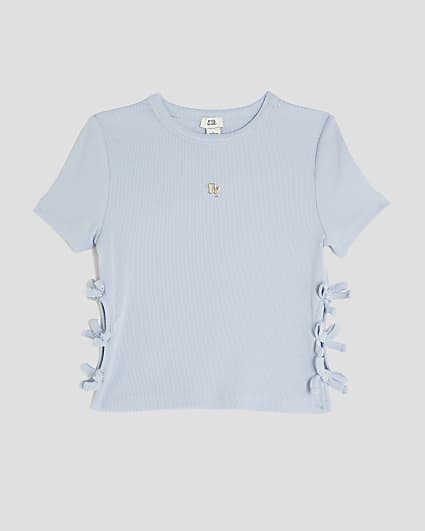 Girls Blue Ribbed Bow Side Top
