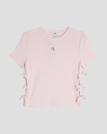 Girls Pink 3D Bow Ribbed Top