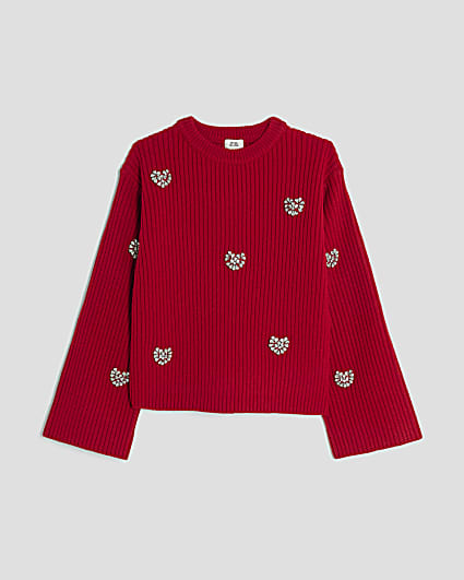 Girls Red Embellished Heart Jumper
