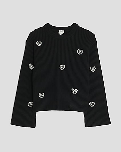 Girls Black Embellished Heart Jumper