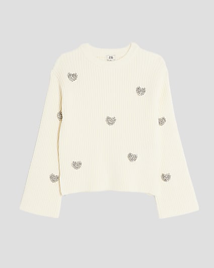 Girls White Embellished Heart Jumper