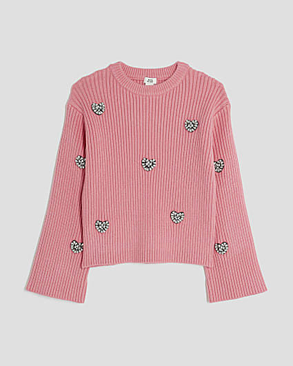 Girls Pink Embellished Heart Jumper
