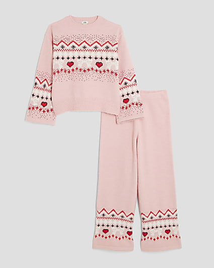 Girls Pink Knitted Sequin Fairisle Jumper Set