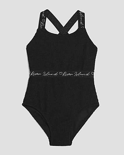 Girls Black Textured Swimsuit
