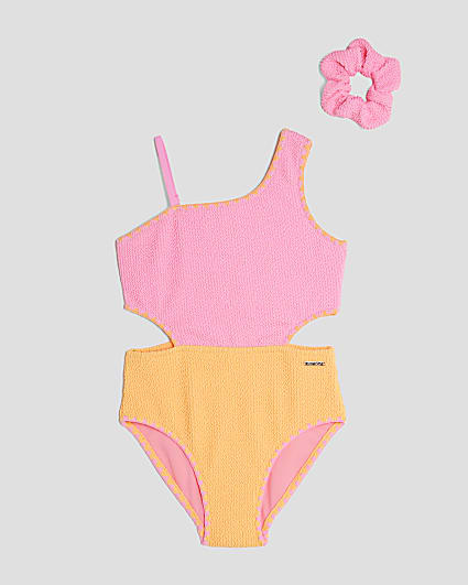 Girls Pink Colour Block Textured Swimsuit Set
