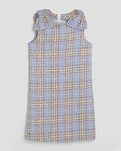 Girls Blue Bow Boucle Check Column Dress