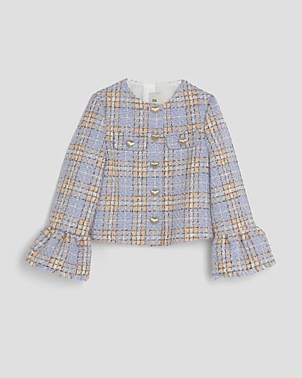 Girls Blue Check Boucle Fluted Sleeve Jacket