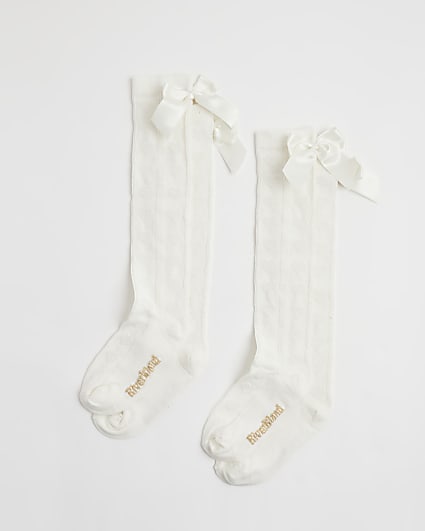 Girls White Pack Of 2 Bow Knee High Socks
