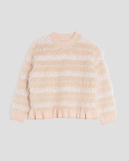 Girls Pink Stripe Glitter Fluffy Jumper