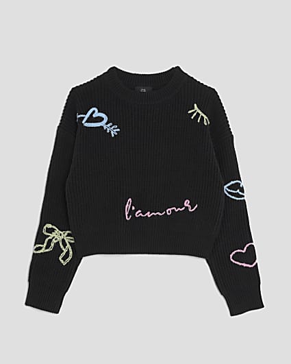 Girls Black Knitted Graffiti Jumper