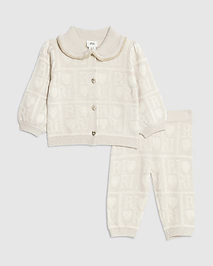 Baby Girls Beige Monogram Cardigan Set