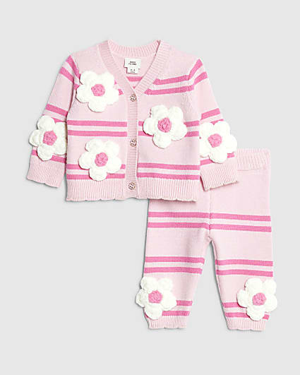 Baby Girls Pink Stripe Flower Cardigan Set