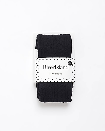 Girls Black Heart Cable Knit Tights