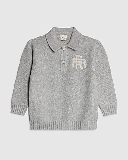 Mini Boys Grey Collared Polo Jumper