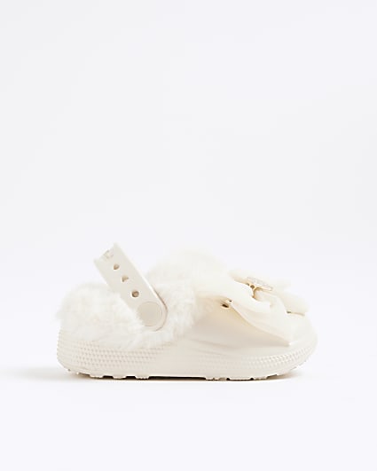 Mini Girls Cream Bow Fur Lined Clogs