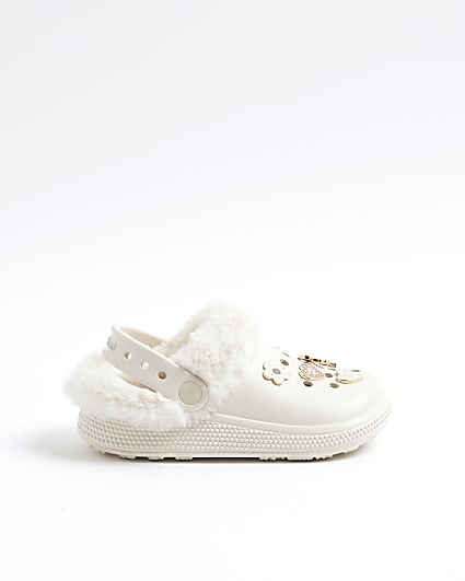Girls Cream Faux Fur Lined Gem Clogs