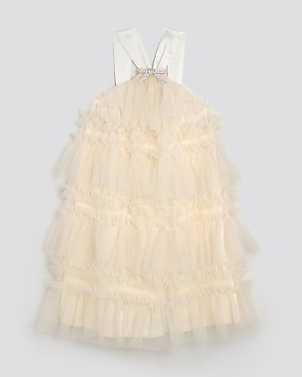 Girls Cream Tulle Layered Halter Neck Dress