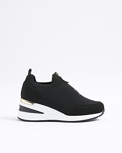 Girls Black Knit Front Zip Wedge Trainers